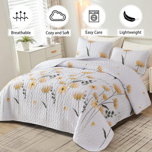New Yellow Floral 3-Piece 100% Polyester Quilt Set • Reversible • KING Size - Picture 2 of 6